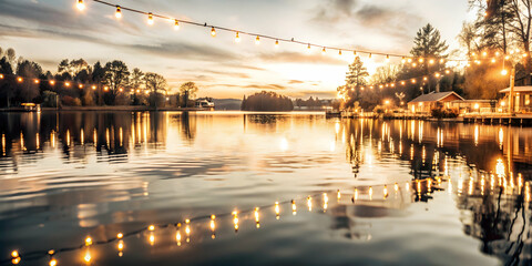 Photo Realistic as Sunset over a calm lake with festive lights concept as A serene lake scene with the warm hues of sunset and festive lights capturing the essence of celebration perfect for business 