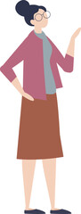 Obraz premium Middle-aged woman in casual attire, standing with one hand raised, wearing glasses, a cardigan, and a skirt.