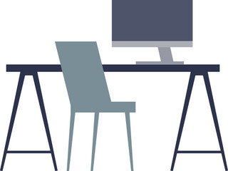Minimalist office desk with computer and chair, symbolizing a modern workspace.