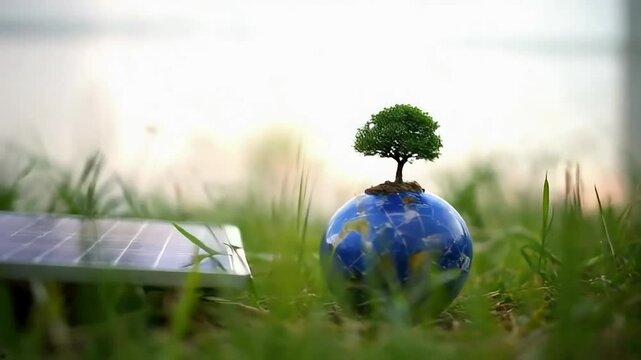 miniature earth planet with a tree Eco-Sustainable Solar Panel Corporate Environment friendly goal development green business strategy global net zero carbon neutral target emission reduction