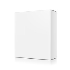 Realistic closed paperboard box mockup. Vector illustration isolated on white background. Taking your 2D designs into 3D. Can be use for medicine, food, cosmetic and other. EPS10.