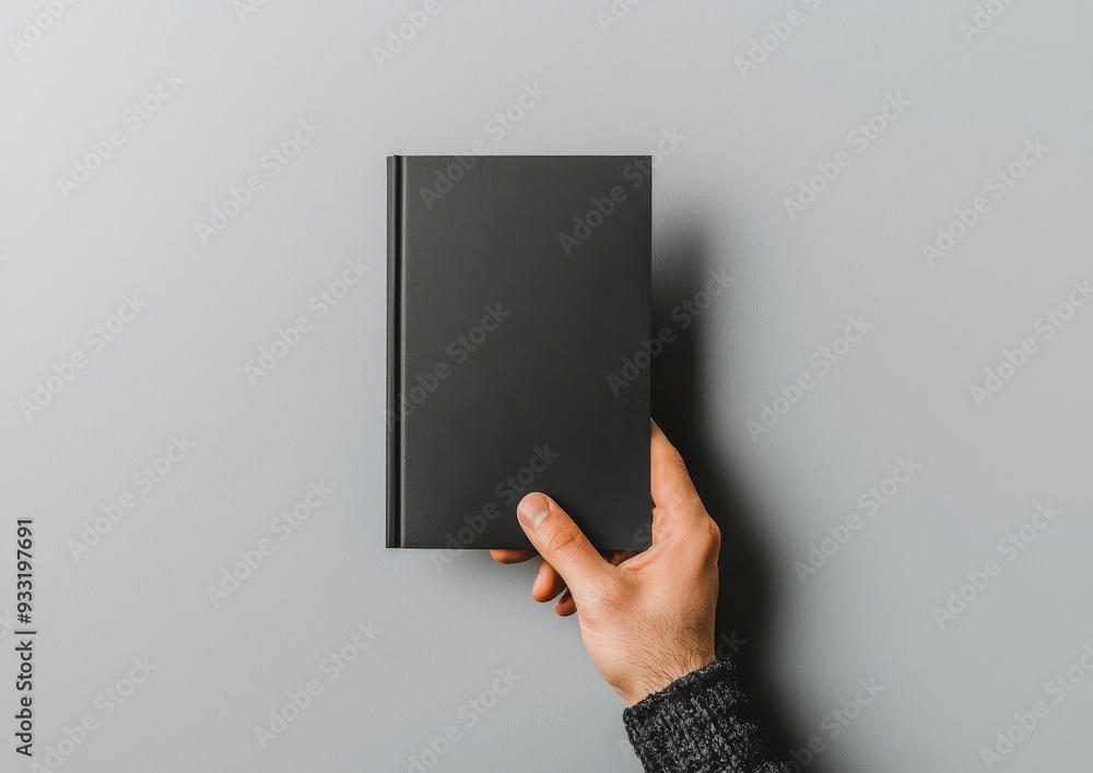 Poster hand holds a blank black flyer brochure booklet in the hand. pamphlet in hand. man shows gray offset
