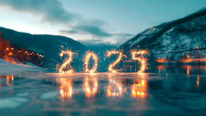 Sparkler 2025 text colorful firework illumination on dark blue sky background, happy new year 2025 concept