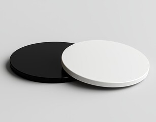 This mockup shows a stack of blank white and black textured beer coasters, clipping path, 3D illustration. A clear round mug mat is shown. A circle cup rug is displayed symmetrically on two sides. A
