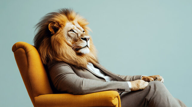 A regal lion, dressed in a sophisticated suit, lounges casually on an orange chair, blending authority with relaxation and modern style.