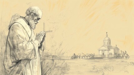 Fototapeta premium Saint Paulinus of Nola's deep faith in prayer, holding a cross, serene church, missionary dedication, beige background, Biblical Illustration, copyspace