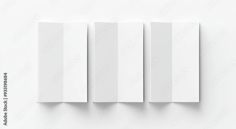Poster Mock up of a blank white two fold booklet, open and closed, front and back side, top view in 3D. Mockups of plain two fold brochures isolated. Cover and flier inside.