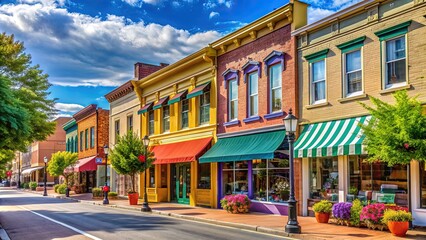 Vibrant colorful storefronts line a charming small town main street with eclectic mix of boutique shops and local businesses on a sunny afternoon.