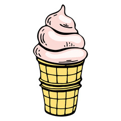 Ice cream flat. Sweets summer food. Waffle cone. Hand drawn line art.