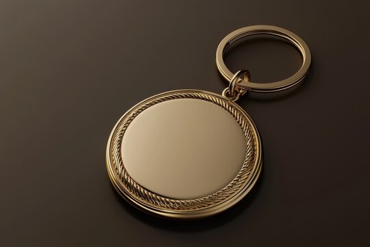 Top view of a blank gold round black key chain mock up in 3D. Dark golden circular keychain design mockup isolated on a white background. Blank plain keyring souvenir holder template. Steel circle