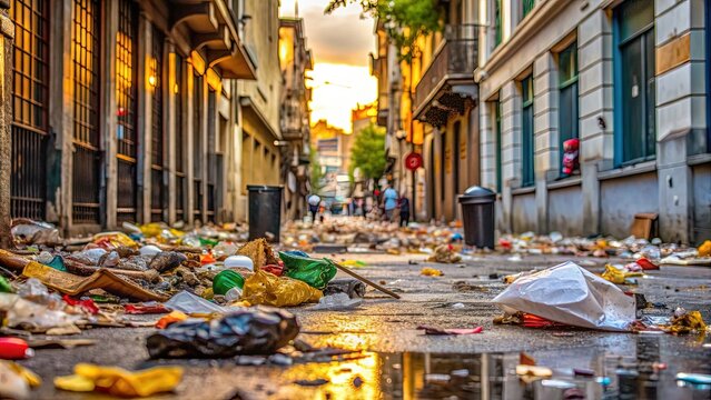 A close-up shot of a littered street with trash and debris scattered all over, awaiting cleanup efforts to restore the urban environment's cleanliness.