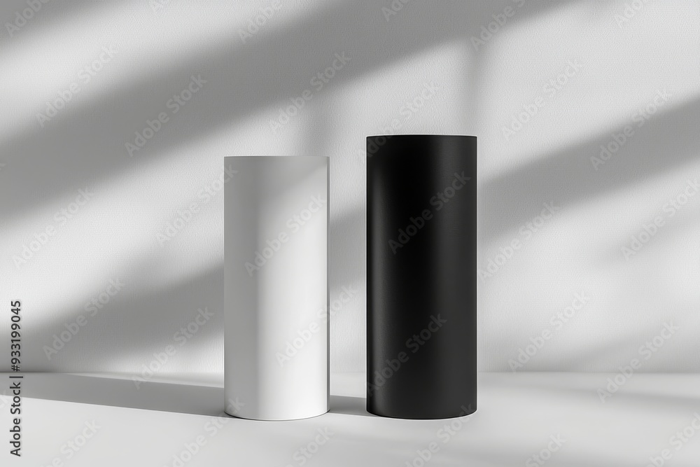 Poster mockup of blank black and white cardboard cylinder box with lid, 3d rendering. mockup of clear round