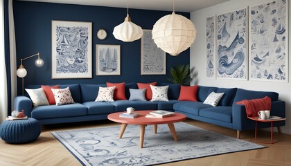 Photo modern style interior room 3d illustration with Abstract Doodle Pattern