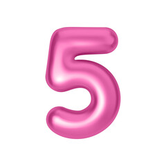 Pink metallic number 5. Foil and latex balloon number five in 3d style. Realistic design elements isolated on white background. Vector illustration