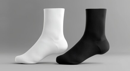 Blank black and white shortsock design mockup, isolated. Pair of sport cotton socks wear mock up. Small clear soft sock stand presentation. Male and female plain socks template.