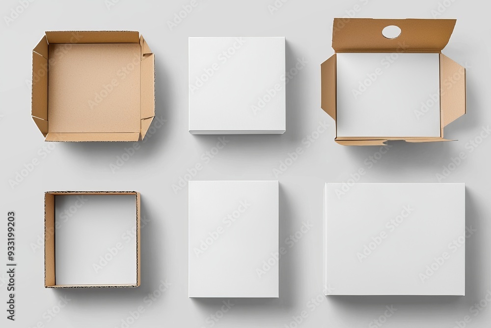 Poster Set of empty, open, and closed cardboard boxes mockups, isolated. 3d rendering.