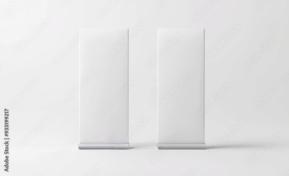 Aufkleber display mockup, isolated, white roll-up banner front and back views, with clear isometric view. mock