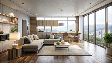Modern minimalist empty apartment floor plan showcasing living room, kitchen, bedroom, and bathroom with sleek lines, neutral colors, and natural light pouring through large windows.