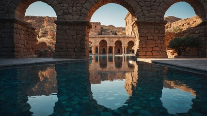 Ancient stone archway with reflective water pool.