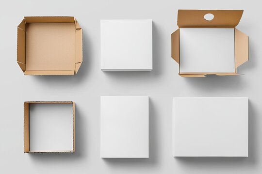 Set of empty, open, and closed cardboard boxes mockups, isolated. 3d rendering.