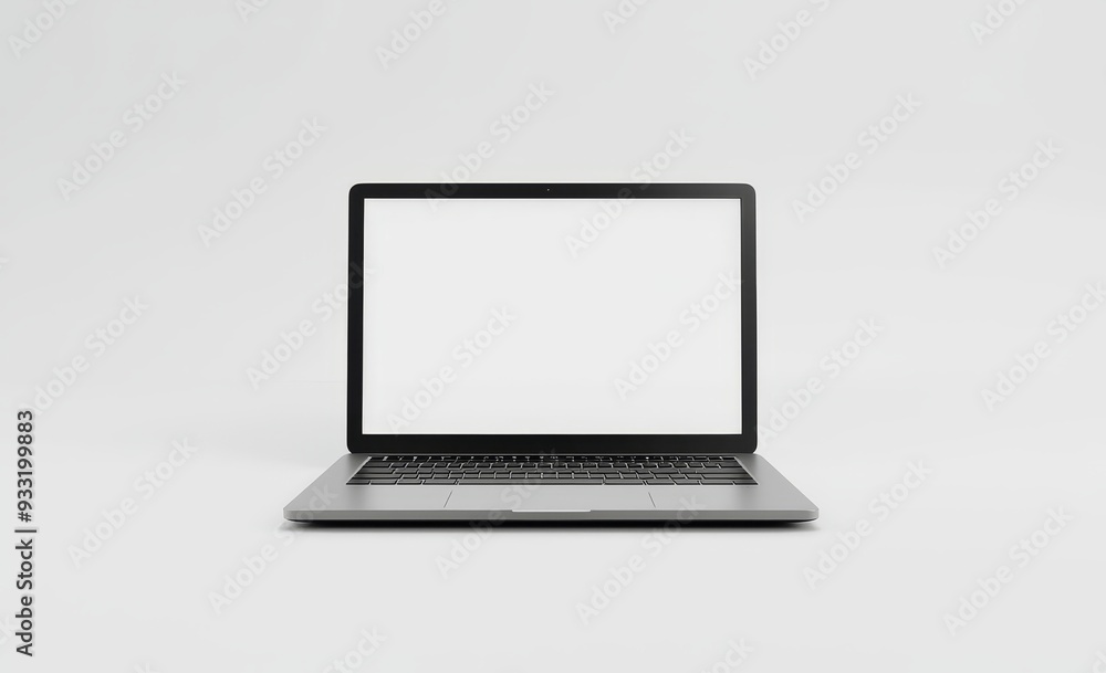 Fototapete Mock up of white laptop screen isolated on a white background, rendered in 3D. Mock up of computer display, front view, with clear portable data processor. Mock up of computer monitor.