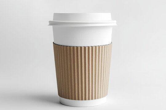 Printed craft paper cup mockup with white sleeve holder, 3D rendering. Empty coffee container mock up with zarfs. Clear disposable paper mug for coffee or tea. Takeout packs with clutches isolated,