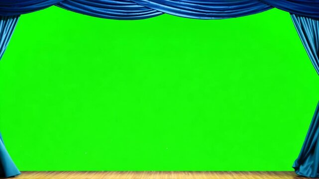 Stage Lights, Green Screen:  A pair of majestic blue velvet curtains frame a vibrant green screen, inviting you to step into the spotlight. The wooden stage floor adds a touch of realism, ready for yo