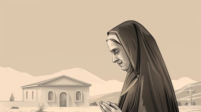 Teresa Benedicta in Intellectual Pursuit, Surrounded by Books, Biblical Illustration, Beige Background, Copyspace