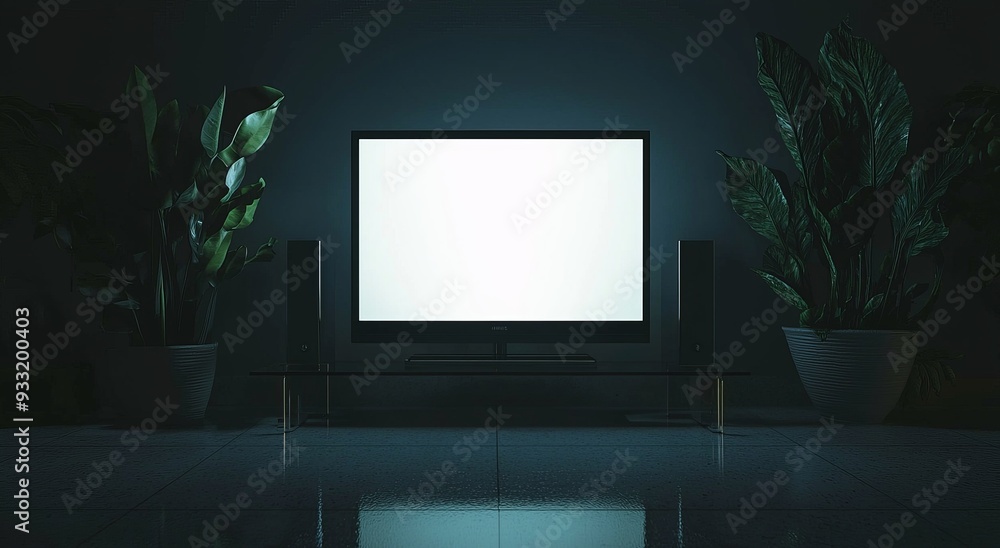 Canvas Prints Blank white TV screen interior in darkness mockup, front view. Vacant telly plasma display in living room mockup. Rectangular smart panel monitor on glass shelf template.