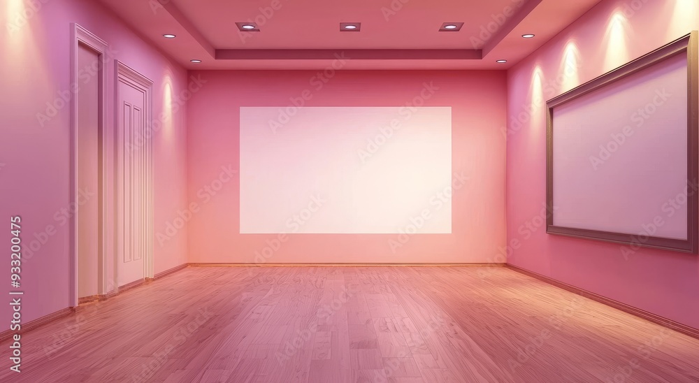 Aufkleber Mock up of a large white gallery wall in a studio 3d rendering. Empty modern lobby with exhibition wall mockup. Clear presentation room template with wide poster on floor.