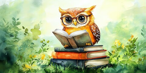 Wise Owl Immersed in Book Knowledge