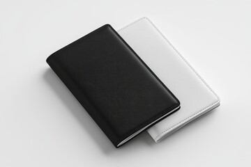 A blank black and white passport cover mockup set. An empty pocketbook mock up, viewed from the side. A holder for your diary or jotter.