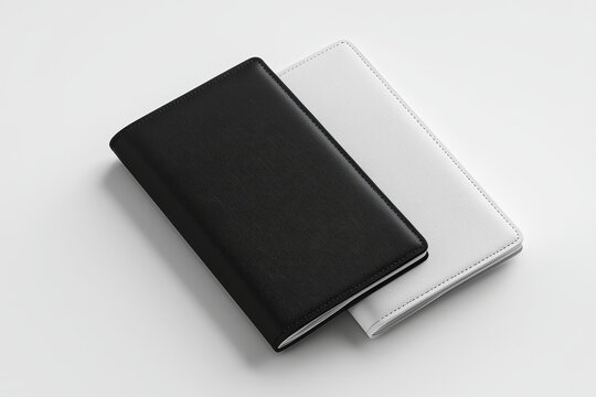 A blank black and white passport cover mockup set. An empty pocketbook mock up, viewed from the side. A holder for your diary or jotter.