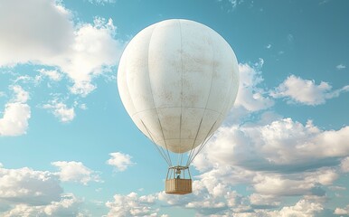 Fototapeta premium 3D rendering of a white balloon with hot air on a sky background. Mockup of an empty airship fly in the heavens. Template of a clear blimp with basket and gasbag for an expedition.