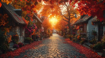 Charming village street lined with vibrant autumn trees at sunset
