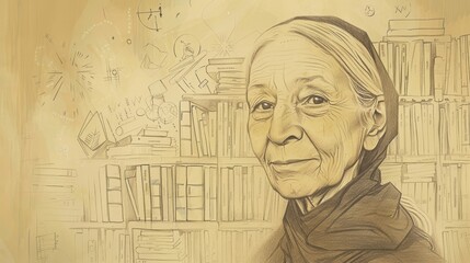 Teresa Benedicta in Intellectual Pursuit, Surrounded by Books, Biblical Illustration, Beige Background, Copyspace