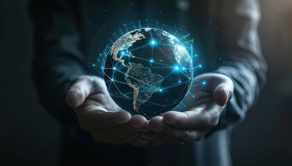 Digital earth in hands, glowing, dark backdrop, global network, tech event.