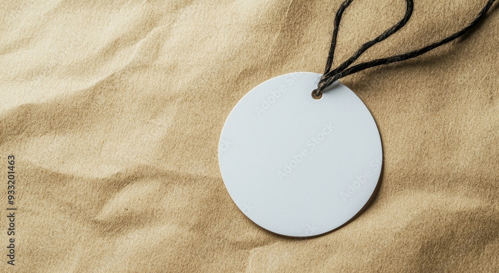 Poster an empty white sticker mockup on craft paper with a crumpled appearance