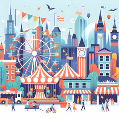 Simple flat vector illustration as Festive parade in a bustling city concept as A dynamic city scene with a festive parade symbolizing celebration and community ideal for business presentations needin