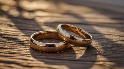 Golden wedding bands on wooden table during morning pre wedding preparations.