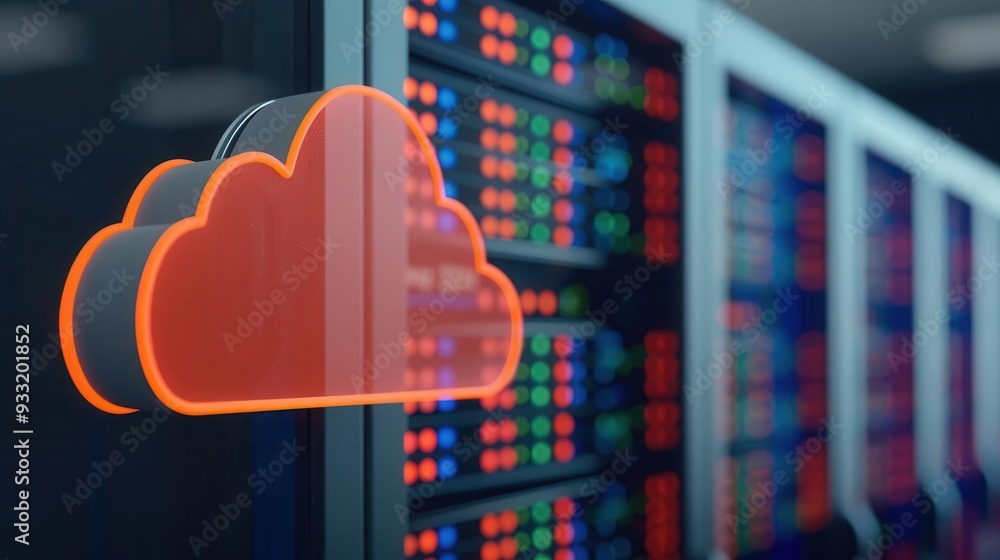 Poster cloud computing technology representation with a vibrant cloud icon, illustrating data storage solut