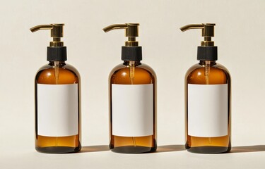 Mockup of a transparent, amber, black, and white glass bottle with white label