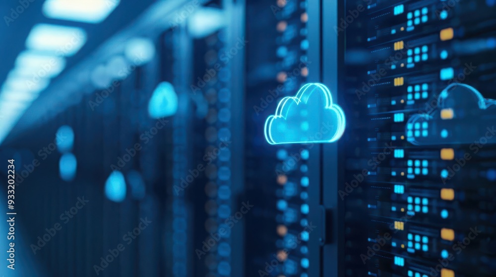 Poster modern data center showcasing cloud storage technology with illuminated servers in a high-tech envir