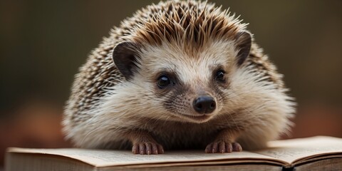 One cute hedgehog weonering glonesses is sitting on one book.