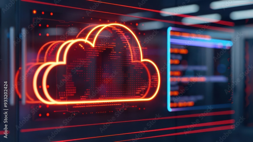 Poster vibrant neon cloud symbol against a futuristic data center backdrop, representing modern technology 