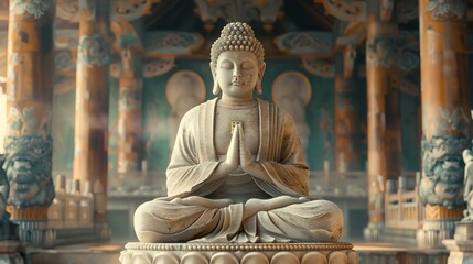 Fototapeta premium a statue of a buddha sitting in a room with columns