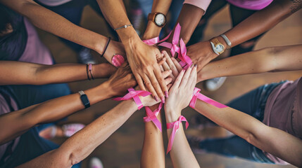 Unity in diversity: Women holding hands with pink ribbons for breast cancer awareness
