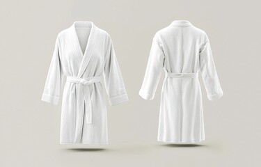 An empty white hotel bathrobe mockup shown from both sides