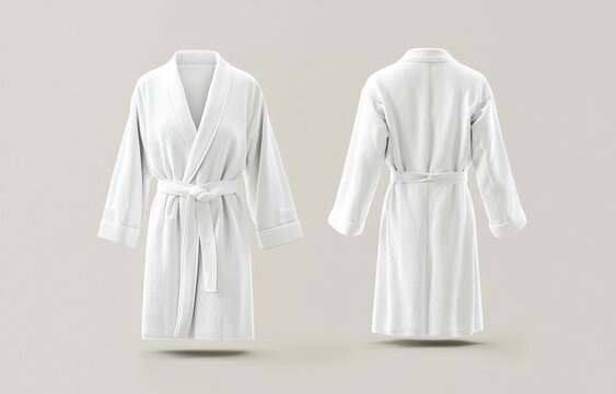 An empty white hotel bathrobe mockup shown from both sides