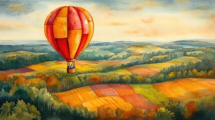 Fototapeta premium Hot air balloon over countryside watercolor, whimsical scene, patchwork fields, vibrant colors, floating journey, aerial view
